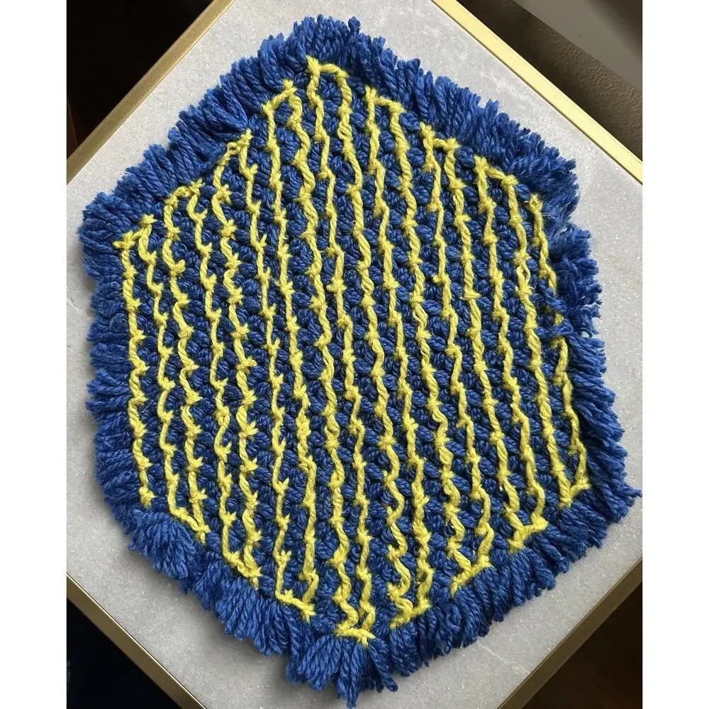 2 VTG 70’s Crocheted Hot Pad Trivet Blue and Yellow 16” x 13” Vintage Handmade